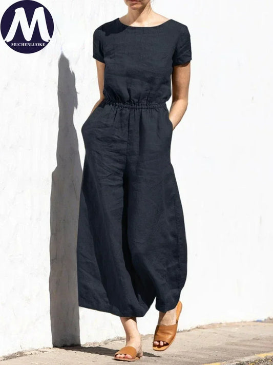 Jumpsuits for Women Summer Solid Short Sleeve Long Jumpsuit Fashion Casual High Waisted Loose Wide Leg Pants Women's Clothing