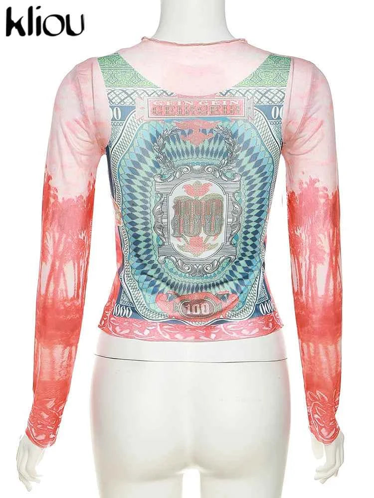 Kliou Mesh Dollar Print Classic T-Shirt Women Casual Aesthetic O-neck Long Sleeve Skinny Tops Hipster Female Gorgeous Attirewear