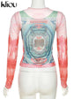 Kliou Mesh Dollar Print Classic T-Shirt Women Casual Aesthetic O-neck Long Sleeve Skinny Tops Hipster Female Gorgeous Attirewear
