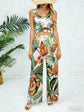 Women Sleeveless V-neck Tropical Print Satin High Waist Wide Leg 2 Piece Set. Boho Spring Summer Vacay Beach Lightweight Set.