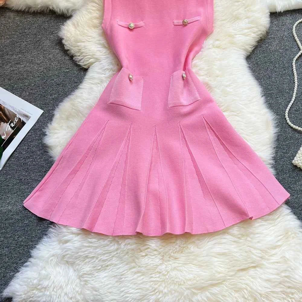 Summer Pleated Short Dress Women O-neck Slim Waist A-line Party Dress Streetwear Lady Outfits.