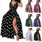 V neck dress with polka Sexy Deep V Neck Polka Dot Long Dress For Women.  Summer Boho Sleeveless Slim Print Side Slit Party Maxi Dresses.