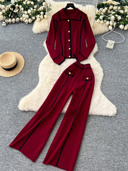 SINGREINY Autumn Warm Two Piece Suits. Women Lapel Neck Buttons Chic Top+Elastic Long Pants. Casual Knit Color Block Sweater Sets.