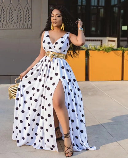 V neck dress with polka dots.Sexy Deep V Neck Polka Dot Long Dress For Women.  Summer Boho Sleeveless Slim Print Side Slit Party Maxi Dresses.