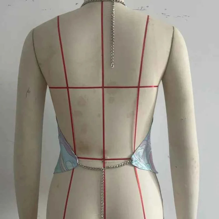 Summer Printed Women Crop Top. Metal Strap Backless Lace Up Tank Top. Chic Party Beach Strapless Shirt.