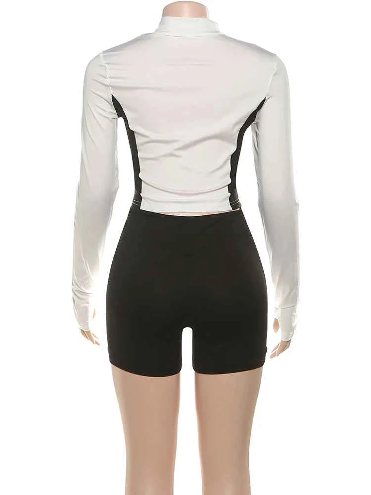 Weird Puss Casual 2piece Set Women Tracksuit Zip Contrast Patchwork Full Sleeve Jacket+Shorts Daily Simple Sporty Street Outfits