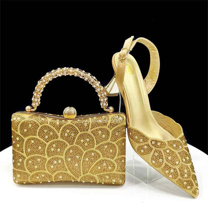 Italian shoes and handbags accessory set with rhinestone. Metal embellishments Wedding shoes.  Bridal shoes Designer.