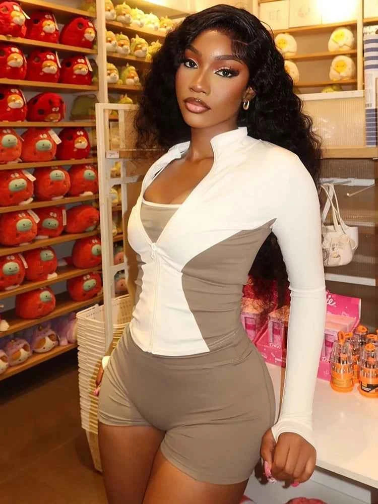 Weird Puss Casual 2piece Set Women Tracksuit Zip Contrast Patchwork Full Sleeve Jacket+Shorts Daily Simple Sporty Street Outfits