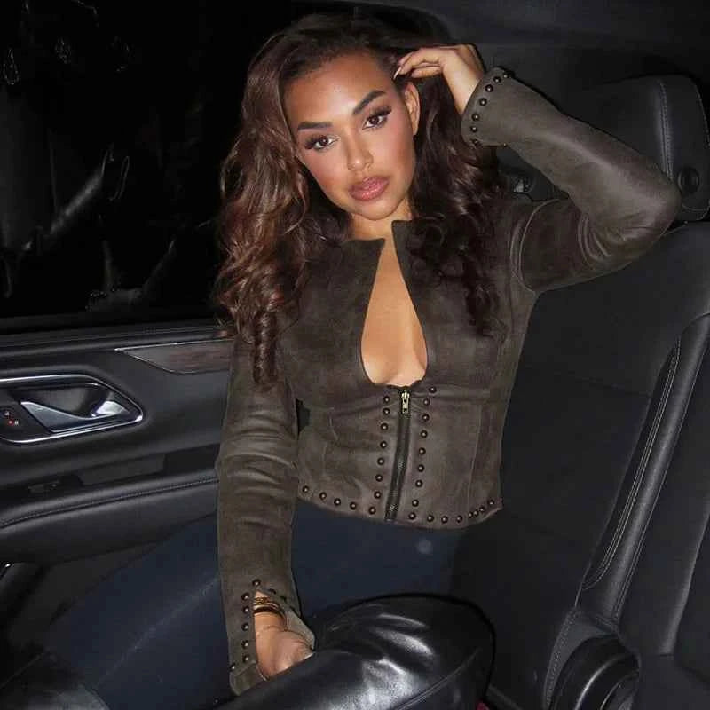 Leather Sexy Jacket Cargo Top. Casual Fashion Crop Sexy Tops.