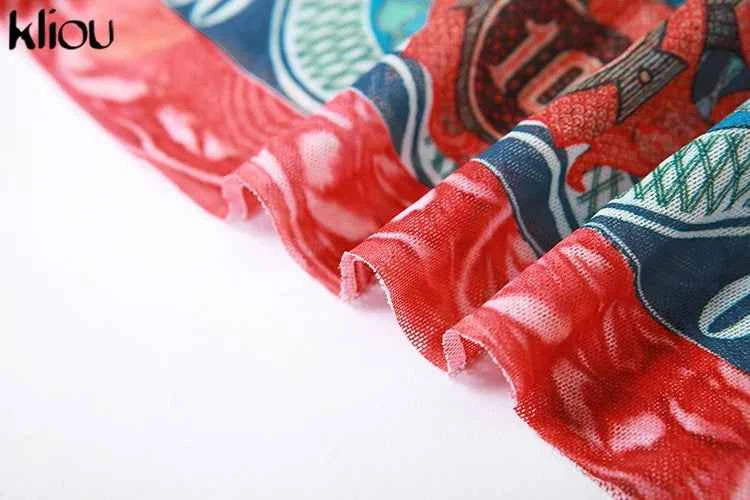 Kliou Mesh Dollar Print Classic T-Shirt Women Casual Aesthetic O-neck Long Sleeve Skinny Tops Hipster Female Gorgeous Attirewear