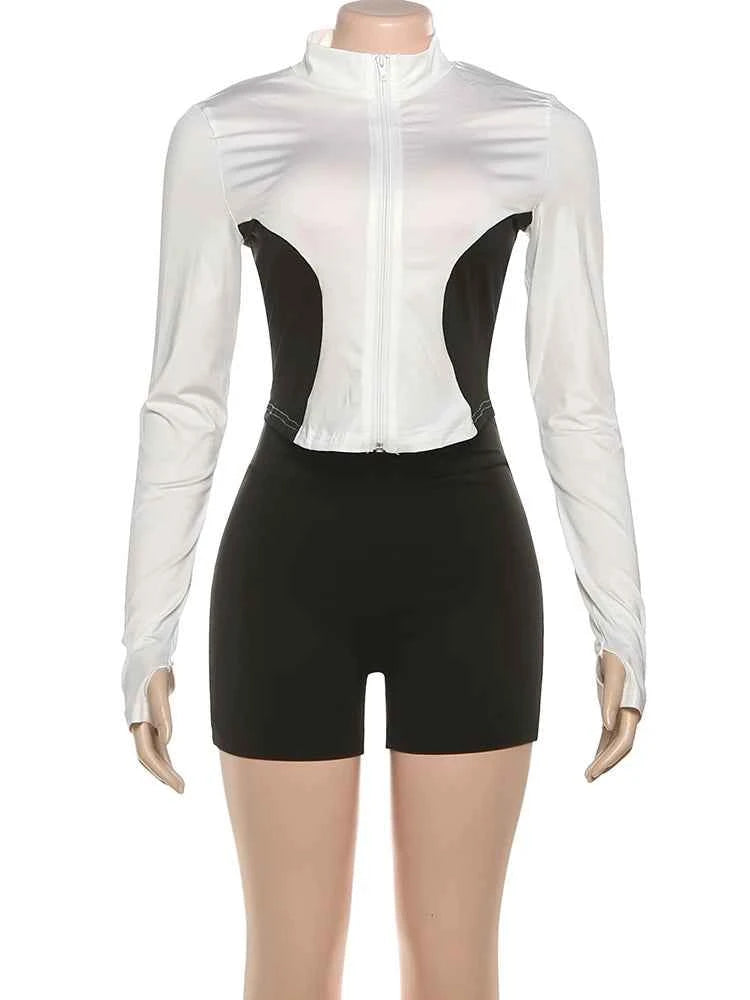 Weird Puss Casual 2piece Set Women Tracksuit Zip Contrast Patchwork Full Sleeve Jacket+Shorts Daily Simple Sporty Street Outfits