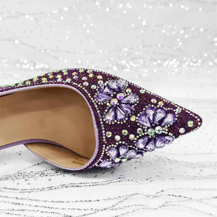 Women’s Purple High Heel Party Shoes and Rhinestone Handbag Set - Italian Design Wedding Style