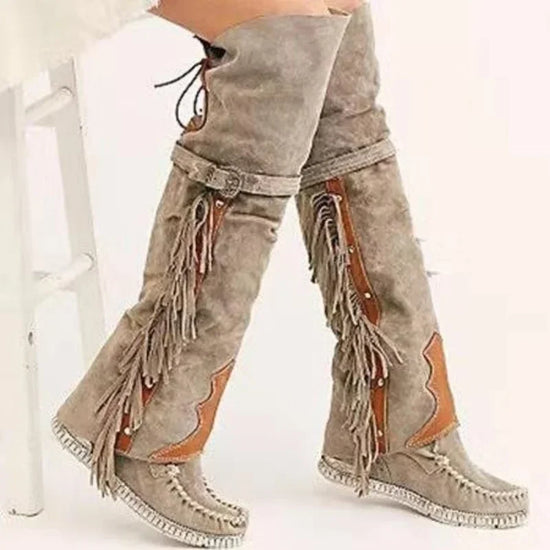 Fashion Bohemia Knee-length Women Boots Ethnic Personality High Boots Tassels Faux Suede Boots Girl Flat Bottom Long Botas Mujer.