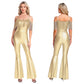 Women Metallic Shiny Dance Jumpsuit Sequin Tassel Sleeveless Bell Bottom Long Pants Bodysuit Romper for Jazz Music Festival.