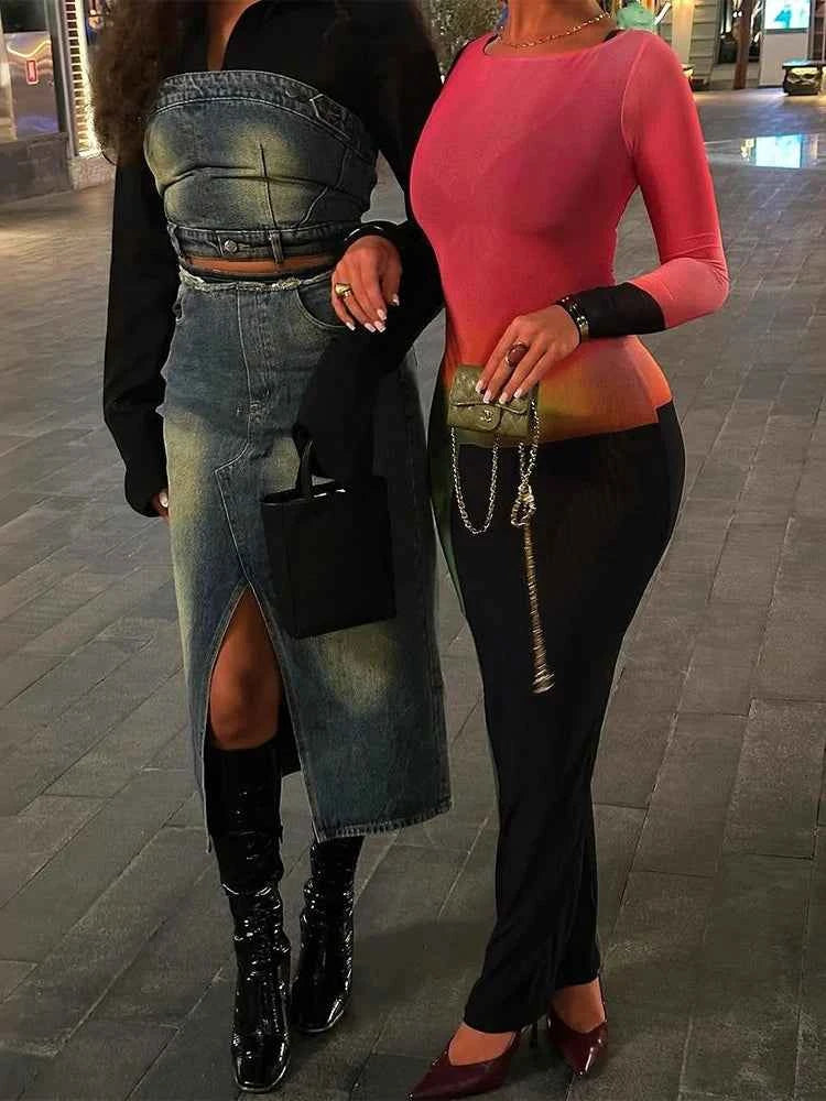 Weird Puss Sexy Patchwork Maxi Dress Women. Gradient Color o-Neck Full Sleeve Peach Hip Elegant Simple Evening Prom Party Bodycon.