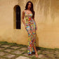 Printed Halter Split Backless Party Sexy Dress. Elegant Spaghetti Strap Long Dress Women  Summer Dress