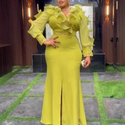 Luxury Women Party Peplum Maxi Dress. V Neck Long Sleeve Slit Package Dress. Hip Bodycon Elegant Wedding Evening Party Dress.