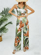 Women Sleeveless V-neck Tropical Print Satin High Waist Wide Leg 2 Piece Set. Boho Spring Summer Vacay Beach Lightweight Set.
