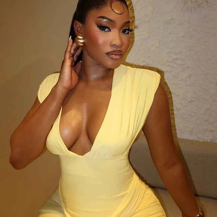 Sexy Ruched Bodycon Maxi Dress Women Solid Sleeveless V-Neck Slim Long Dresses Female Party Evening Clubwaer Evening 2026