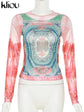 Kliou Mesh Dollar Print Classic T-Shirt Women Casual Aesthetic O-neck Long Sleeve Skinny Tops Hipster Female Gorgeous Attirewear
