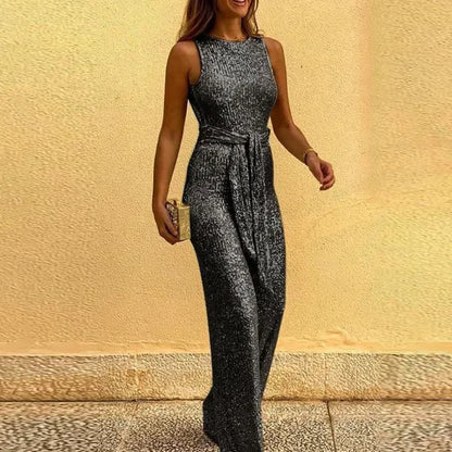 Women Jumpsuits Sexy Backless Sequins. Elegant O Neck Sleeveless Lace Up Casual Rompers. Glitter Party Clubwear Costume for Female.