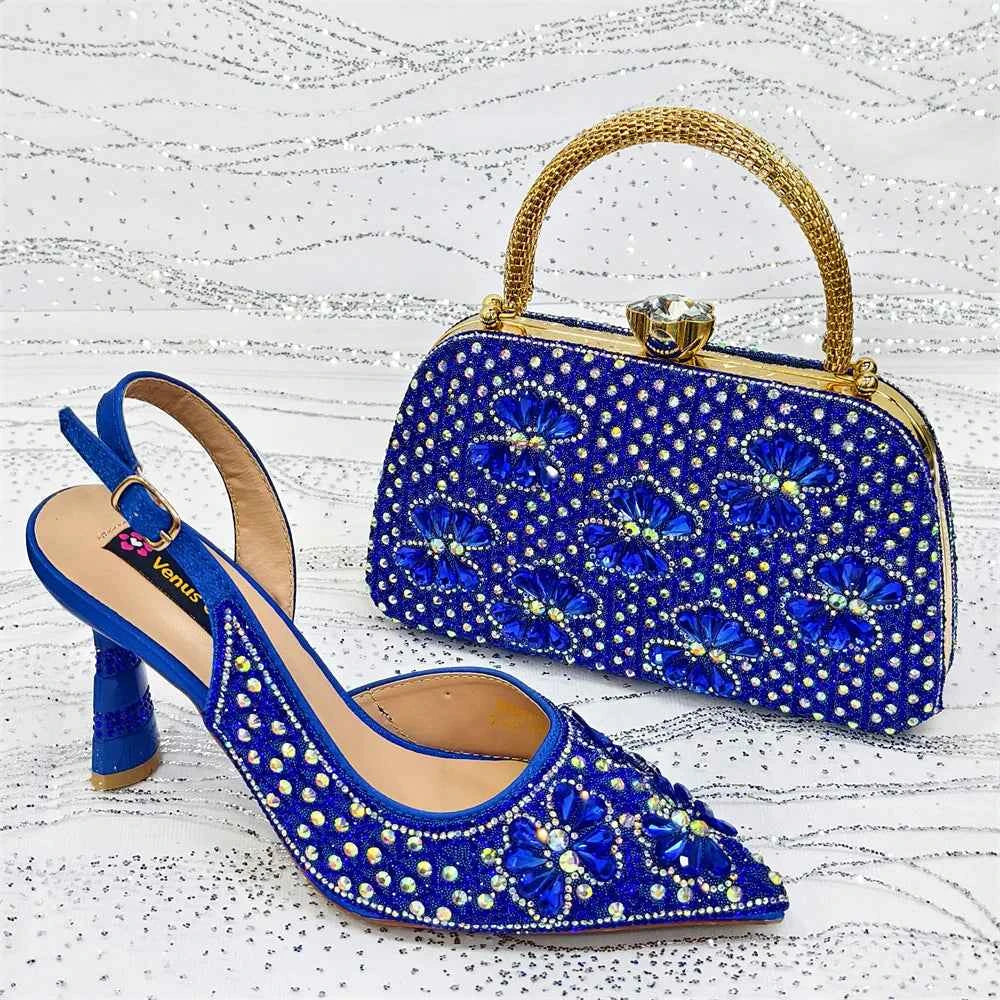 Women’s Purple High Heel Party Shoes and Rhinestone Handbag Set - Italian Design Wedding Style