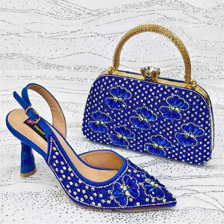 Women’s Purple High Heel Party Shoes and Rhinestone Handbag Set - Italian Design Wedding Style