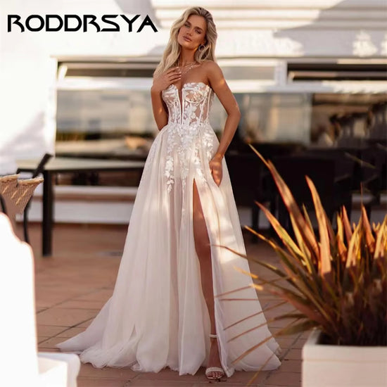 Elegant A-Line Wedding Dress Women Lace Sweetheart Tulle Open Back Slit Strapless Bridal Gown Sweep Vestido De Noiva Customized
