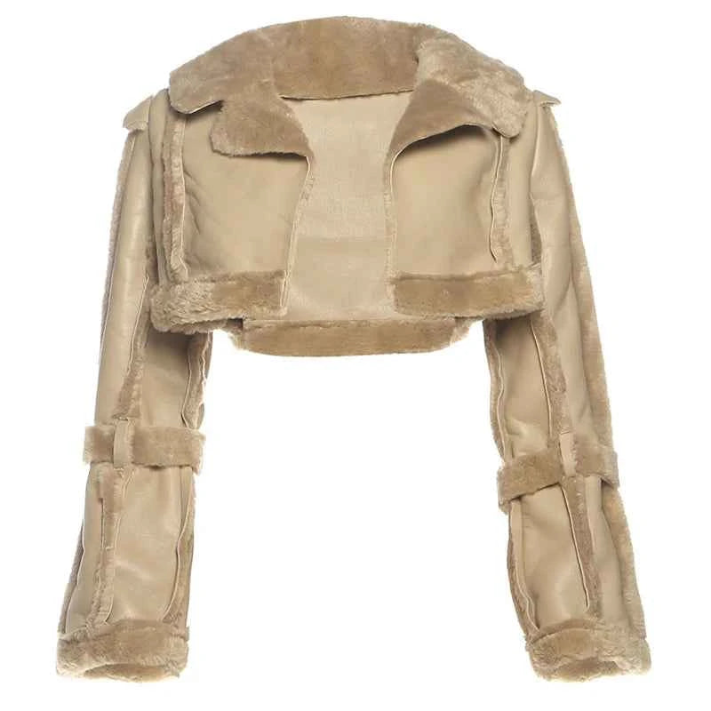 Weird Puss Furry Patchwork Women Crop Jacket Hipster Full Sleeve Open Stitch Hipster Streetwear Warm Outwear Basic Wild Coat