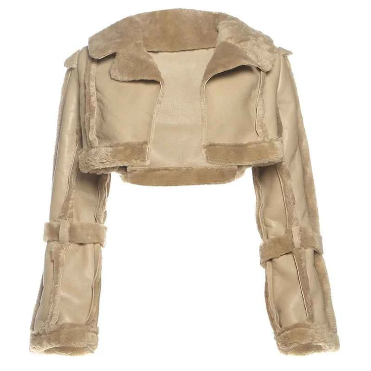 Weird Puss Furry Patchwork Women Crop Jacket Hipster Full Sleeve Open Stitch Hipster Streetwear Warm Outwear Basic Wild Coat