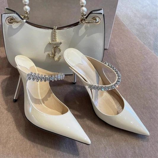 New Fashionable Fine Heeled Muller Shoes with Pointed Water Diamond Chain Banquet Shallow Mouth Women's High Heel Sandals