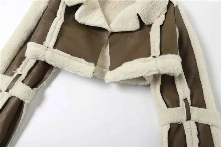 Weird Puss Furry Patchwork Women Crop Jacket Hipster Full Sleeve Open Stitch Hipster Streetwear Warm Outwear Basic Wild Coat