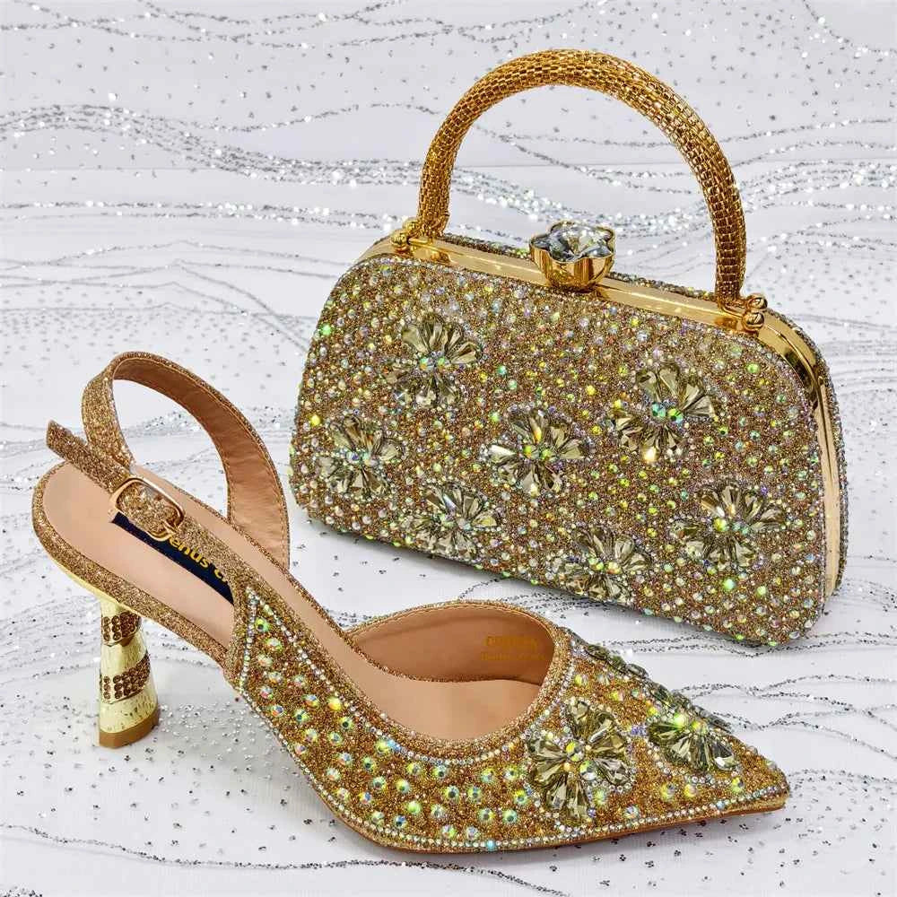 Women’s Purple High Heel Party Shoes and Rhinestone Handbag Set - Italian Design Wedding Style