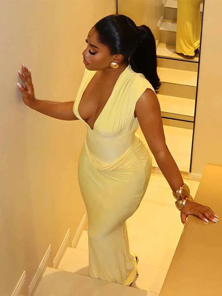 Sexy Ruched Bodycon Maxi Dress Women Solid Sleeveless V-Neck Slim Long Dresses Female Party Evening Clubwaer Evening 2026