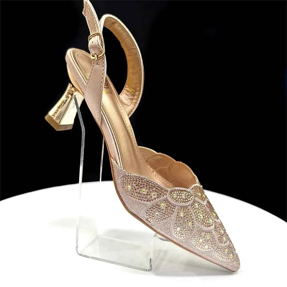 Italian shoes and handbags accessory set with rhinestone. Metal embellishments Wedding shoes.  Bridal shoes Designer.