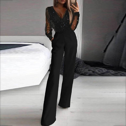 Women's Jumpsuits All Season French Minimalist Nipped Waists Cut-out Long Sleeve V-Neck Ankle Straight Jumpsuits
