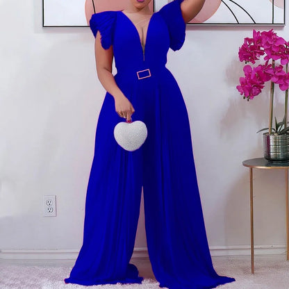Pleated Jumpsuits for Women. Elegant New V Neck Ruffles Sleeve High Waisted Jumpsuit.