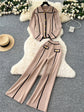 SINGREINY Autumn Warm Two Piece Suits. Women Lapel Neck Buttons Chic Top+Elastic Long Pants. Casual Knit Color Block Sweater Sets.