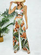 Women Sleeveless V-neck Tropical Print Satin High Waist Wide Leg 2 Piece Set. Boho Spring Summer Vacay Beach Lightweight Set.