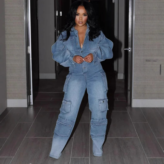 Jumpsuits Women Overalls Denim.Spliced Long Sleeve Ruffles Rompers. Pockets Streetwear Solid Jumpsuit. Straight Pants Jeans.