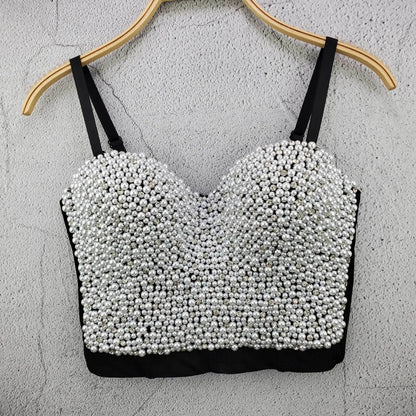 Women Sexy Boho Tank Tops Pearl Beading Handmade Fashion Women Crop Tops Female Women Summer Sexy Club Wear Camis