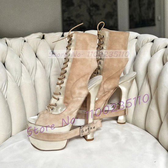 Nude Suede Platform Ankle Boots Female Chic Party Buckle Strap Peep Toe High Heels Shoes Bare Heel Cross Tied Patchwork Boots.
