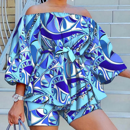 Plus size Two Piece Set. Women Off Shoulder Printed Short Sets. Top Pants Sweet Suit. Summer Wholesale Dropshipping L-3XL.