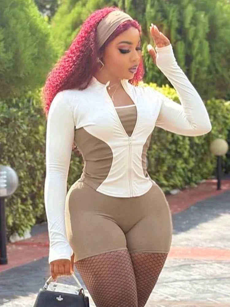 Weird Puss Casual 2piece Set Women Tracksuit Zip Contrast Patchwork Full Sleeve Jacket+Shorts Daily Simple Sporty Street Outfits