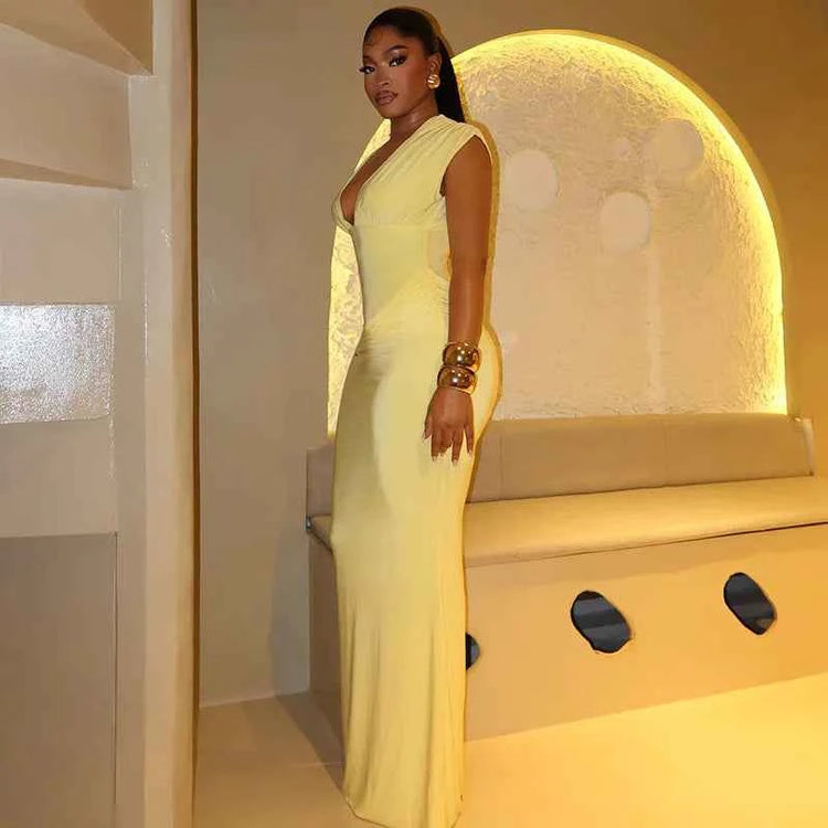 Sexy Ruched Bodycon Maxi Dress Women Solid Sleeveless V-Neck Slim Long Dresses Female Party Evening Clubwaer Evening 2026