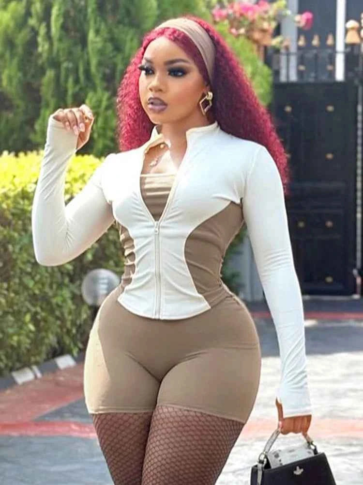 Weird Puss Casual 2piece Set Women Tracksuit Zip Contrast Patchwork Full Sleeve Jacket+Shorts Daily Simple Sporty Street Outfits