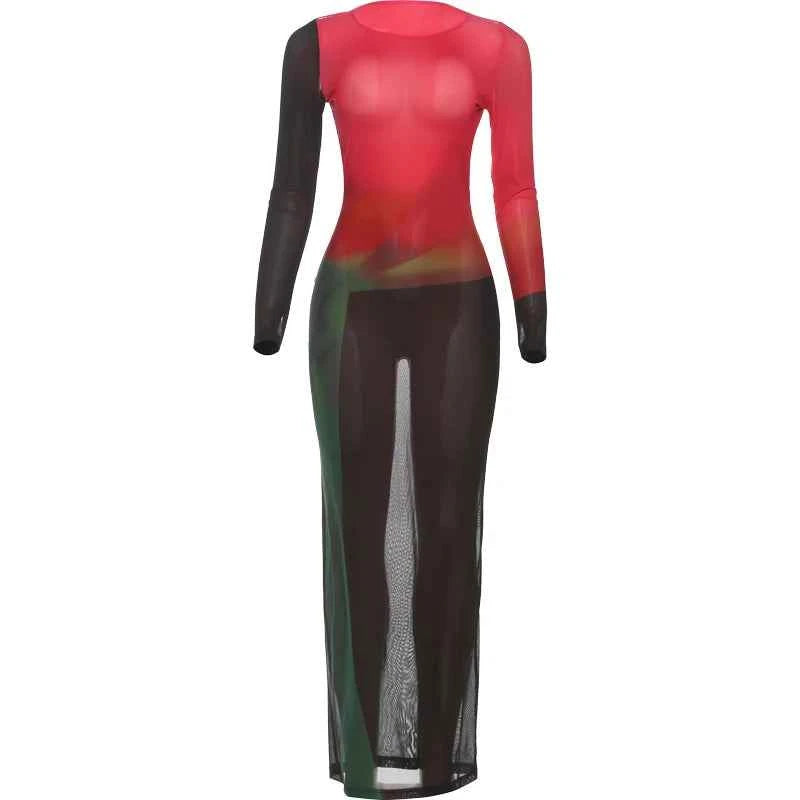 Weird Puss Sexy Patchwork Maxi Dress Women. Gradient Color o-Neck Full Sleeve Peach Hip Elegant Simple Evening Prom Party Bodycon.