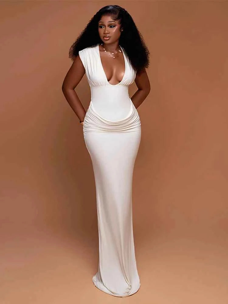 Sexy Ruched Bodycon Maxi Dress Women Solid Sleeveless V-Neck Slim Long Dresses Female Party Evening Clubwaer Evening 2026