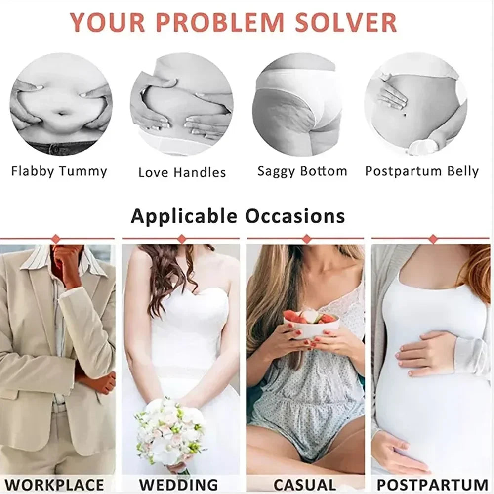 Product advertisement showing its use for various body concerns with images of people in different settings.