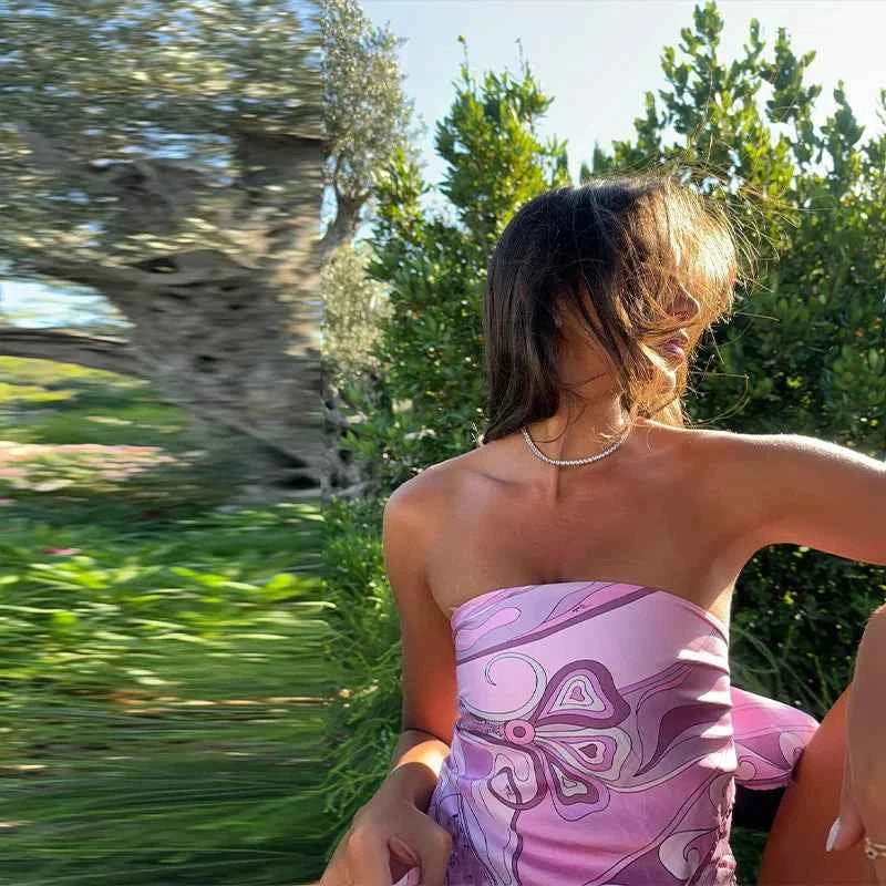 Summer Printed Women Crop Top. Metal Strap Backless Lace Up Tank Top. Chic Party Beach Strapless Shirt.